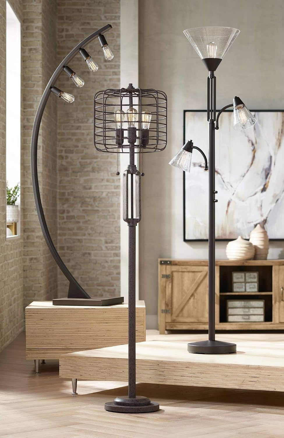 Warwick 71 1/2" Tall Tiger Bronze and Seeded Glass Torchiere Floor Lamp | Industrial Tree LED 3-Light Edison 5 Metal Clear Seedy Shade for Living