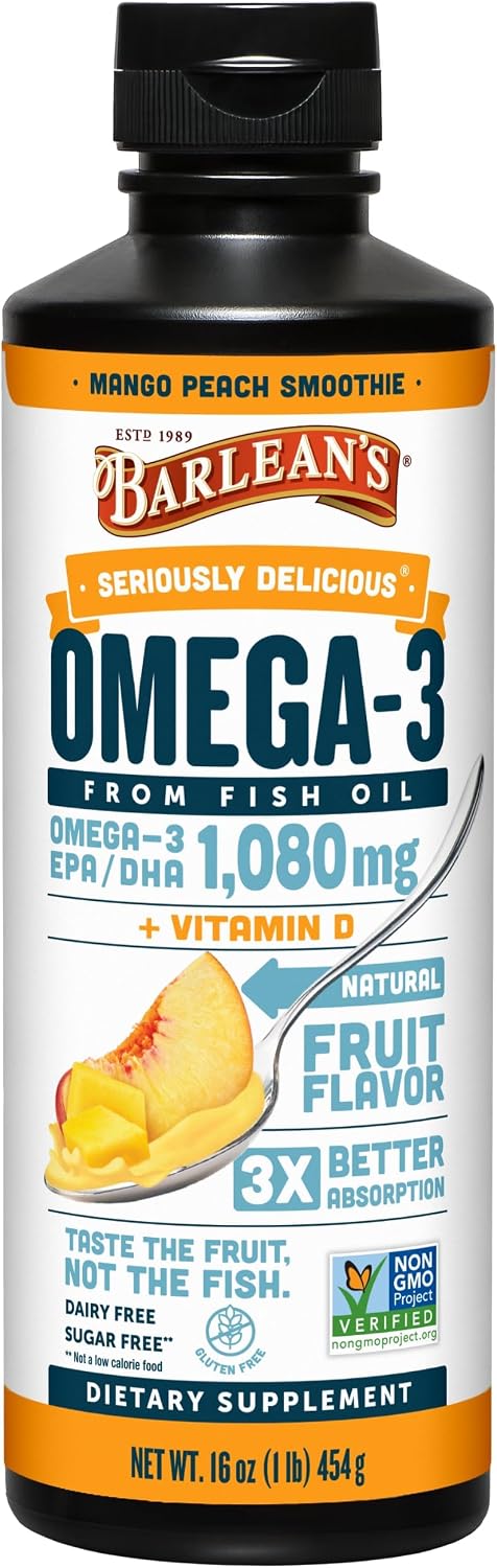 Barlean's Mango Peach Omega-3 Fish Oil, Vitamin D, 1080mg EPA & DHA, 8oz | Wild-caught fish oil plus vitamin D, EPA DHA omega-3, Burpless, Non-GMO, Gluten-free, Heart, brain, bone & immune