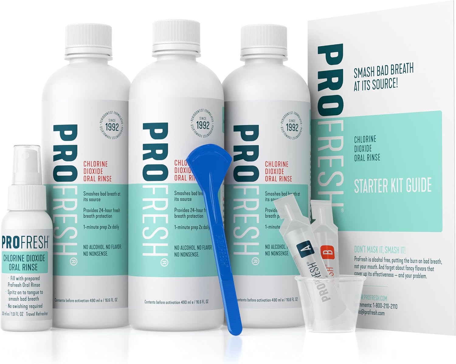 ProFresh Fresh Breath System Starter Kit, Oral Rinse 16.9 Ounce Bottle (Pack of 3) with Prep Packs & Tongue Cleaner, Alcohol Free, Flavor Free