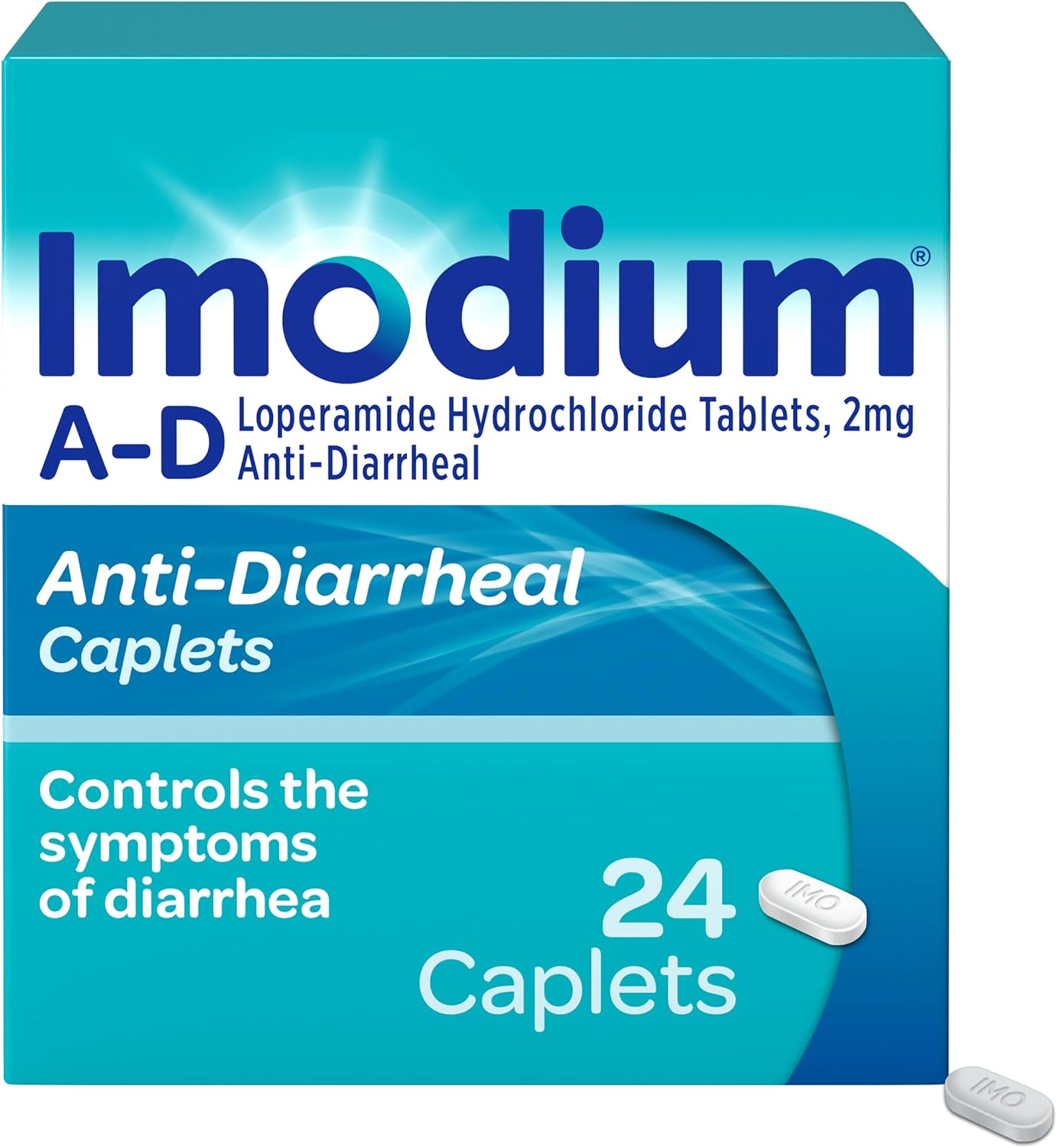 Imodium A-D Diarrhea Relief Caplets, 2mg Loperamide Hydrochloride, 24 Ct | Help Control Symptoms of Diarrhea, Due to Acute Traveler's Diarrhea, for Kids 6+ and Adults