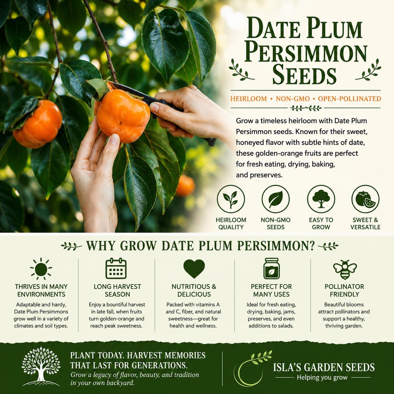 Date Plum Persimmon Tree Seeds (Diospyros Lotus) – 30+ Non-GMO & Heirloom Seeds, Exotic & Rare Fruit Tree, 80% Germination Rate