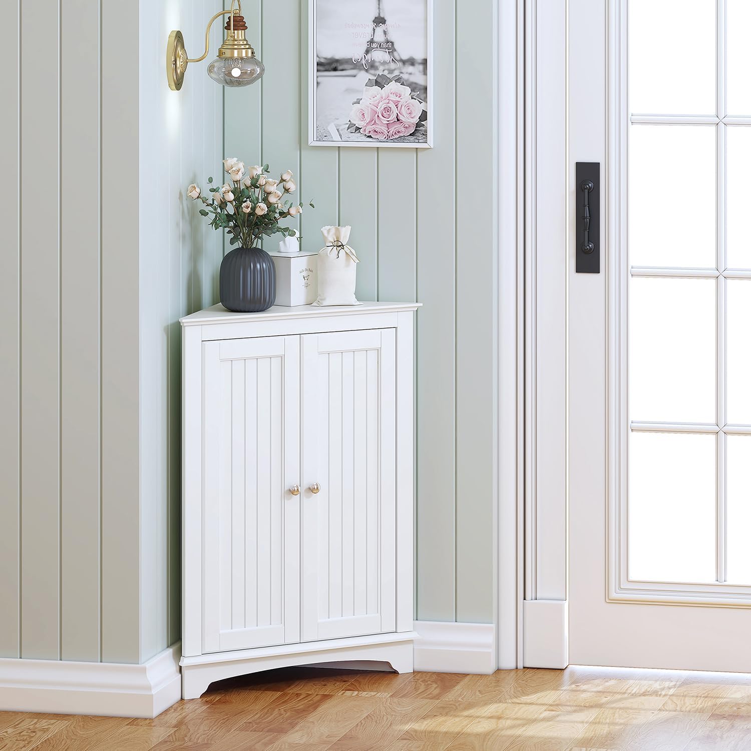 Spirich Corner Bathroom Cabinet with Doors and Adjustable Shelf, White
