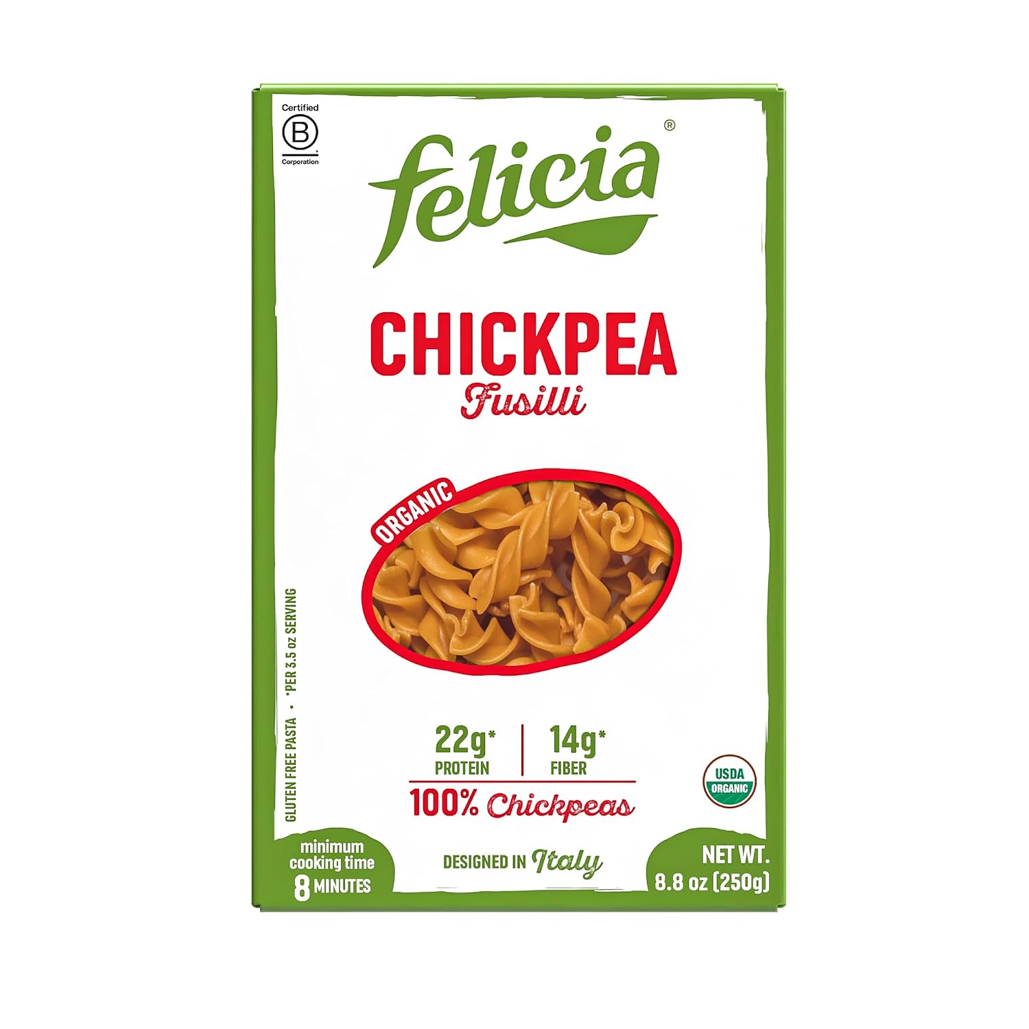 Felicia Chickpea Fusilli Gluten Free Pasta, 22G Protein, 8.8 Oz, 6 Pack | Organic, High Fiber, 14G Fiber, Made from 100% Chickpeas, Plant Based