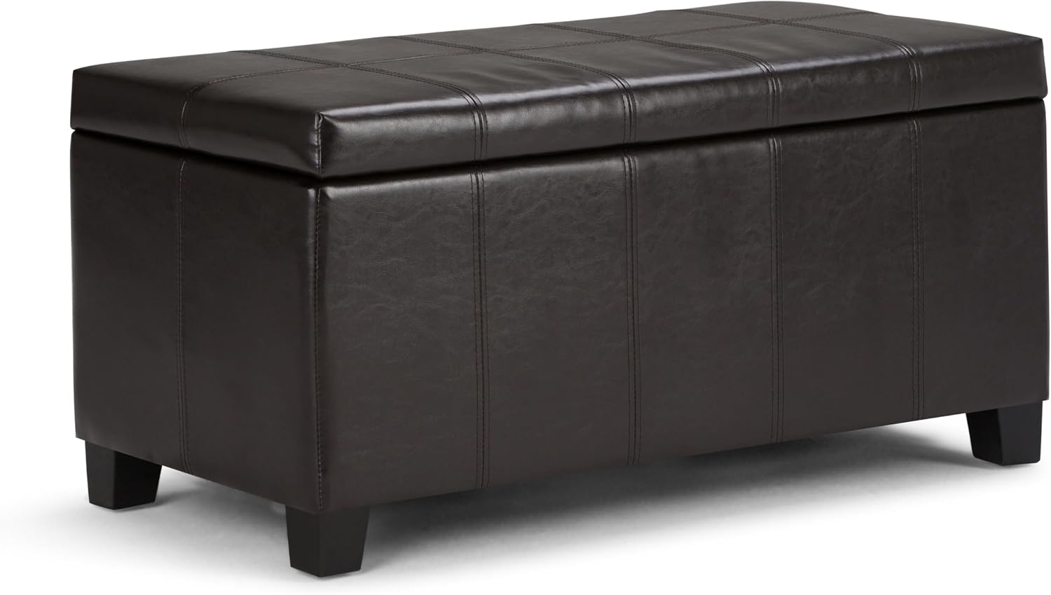 SIMPLIHOME Dover 36" Wide Vegan Leather Storage Ottoman in Midnight Black | Distressed umber brown, contemporary ottoman with lift-top and safety hinges; rectangle storage bench for living room.