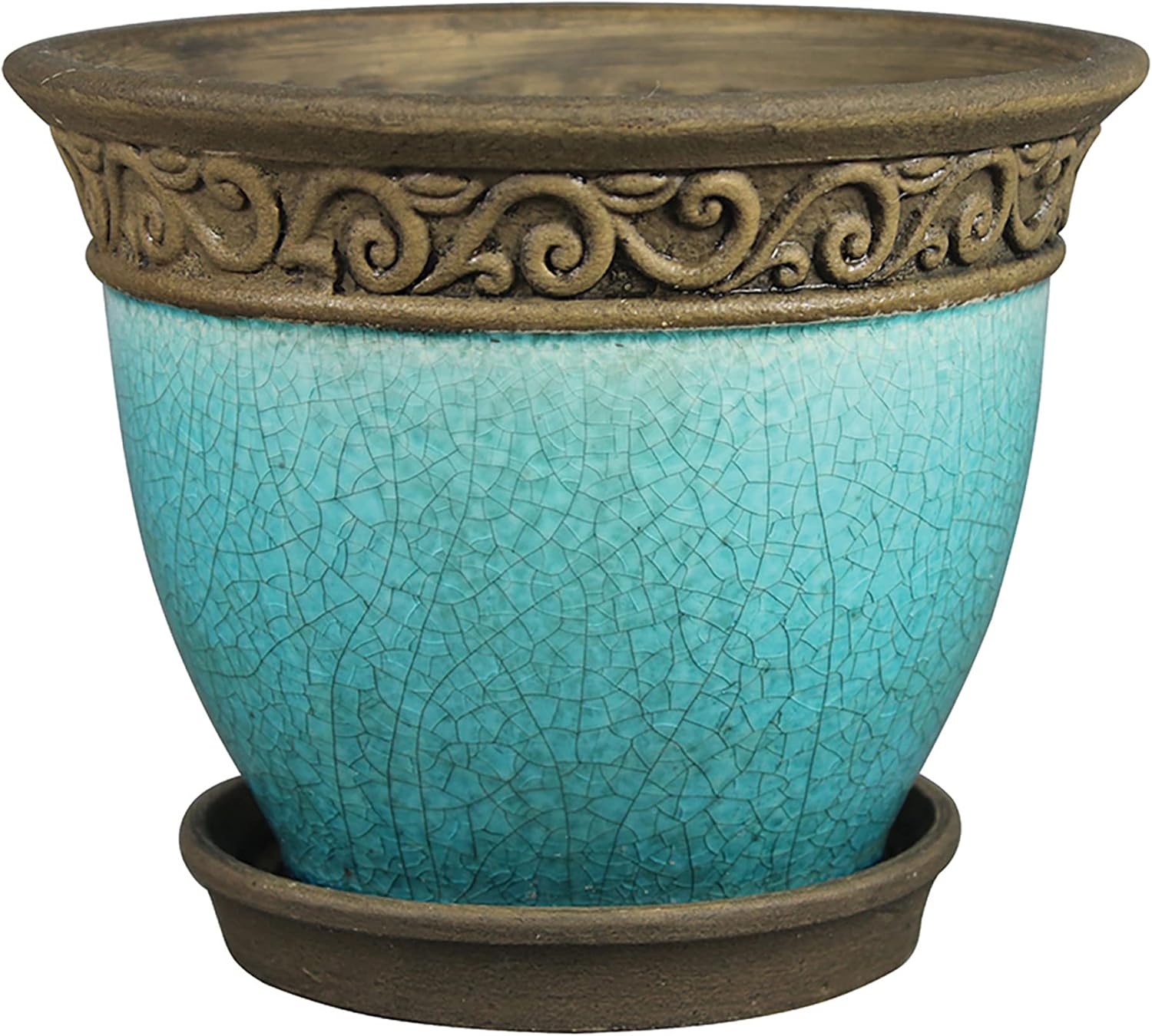 Southern Patio Cadiz 8 Inch Diameter Crackled Glazed Ceramic Indoor Outdoor Garden Planter Pot Urn with Saucer for Flowers, Herbs, and Plants, Teal