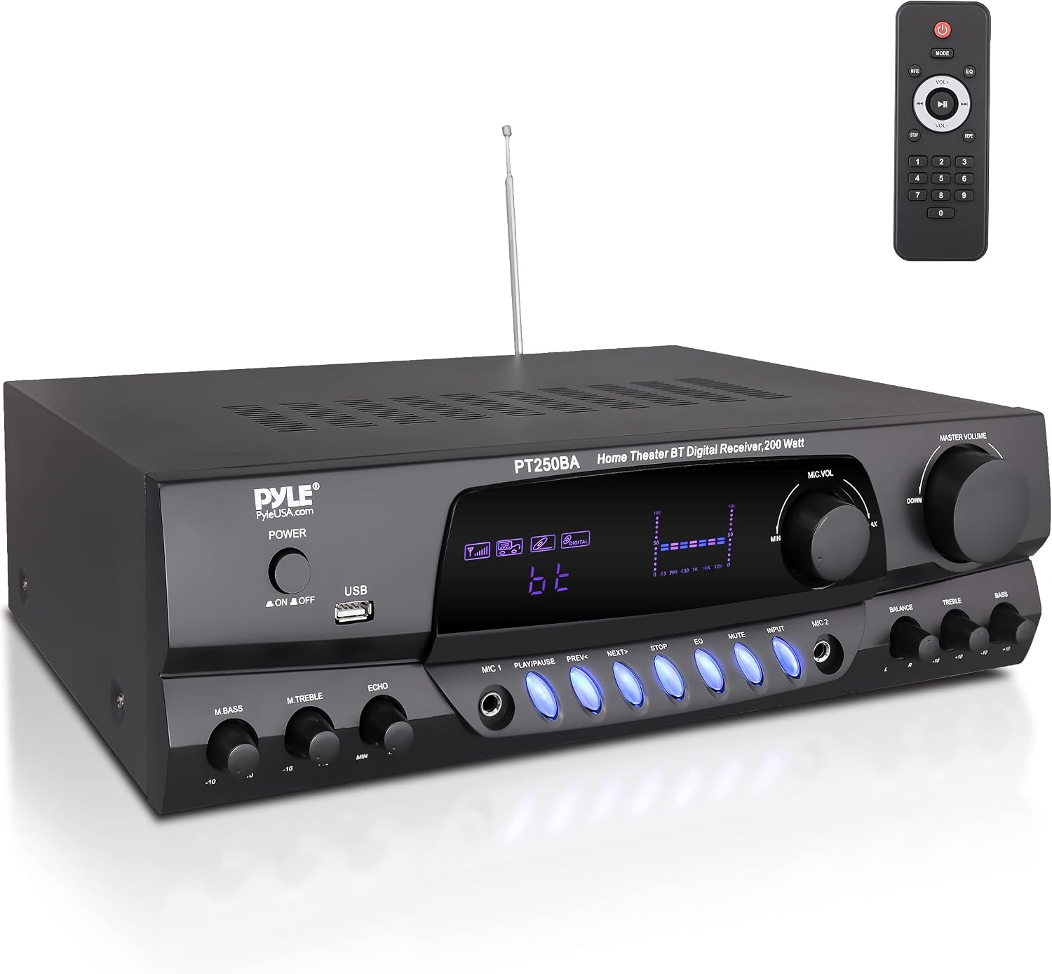Pyle Home Stereo Amplifier with Bluetooth - 300 Watt Max 4 Channel Stereo Receiver with Easy Karaoke - Dual Mic In with EQ and Echo, USB-A and SD Card In, RCA In, RCA Out, LED Display - PT272AUBT