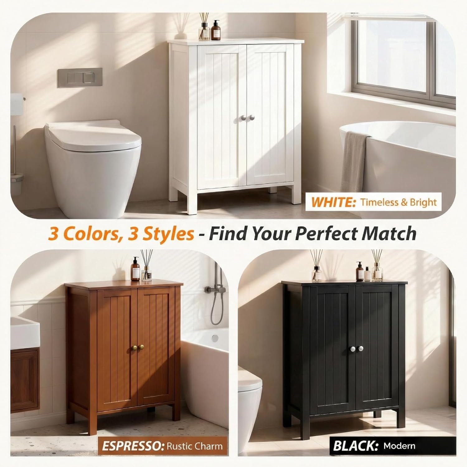 Bonnlo Bathroom Cabinet Free Standing Floor Storage with Double Door Adjustable Shelf Space Saver Decorative Modern Bathroom Furniture White