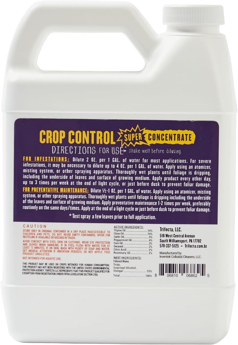 Trifecta Crop Control Super Concentrate | 4 oz | All-in-One Pesticide, Fungicide, Miticide And Insecticide | For Spider Mites, Mildew, Mold And Botrytis