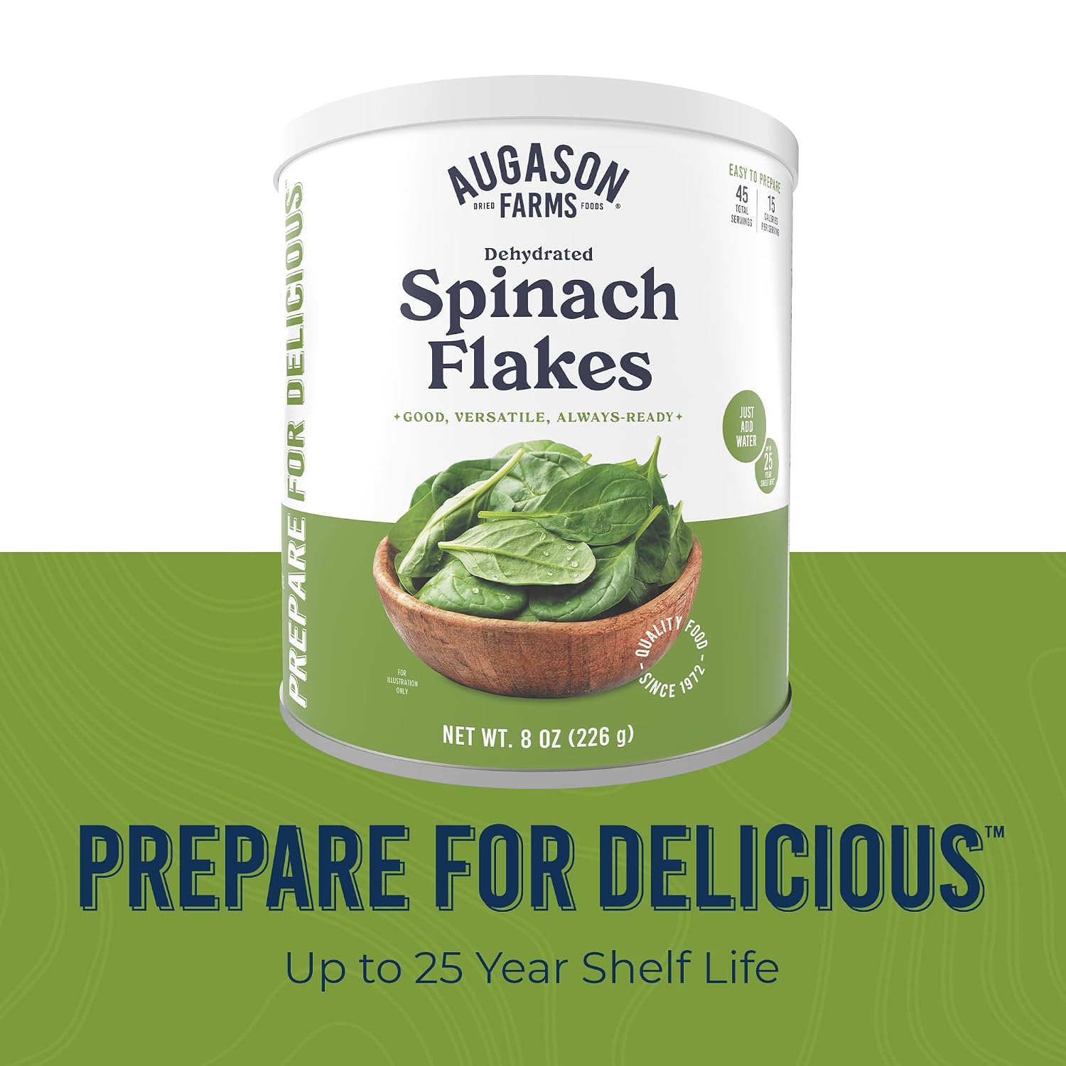 Augason Farms Dehydrated Spinach Flakes Can | Emergency Food Supply, 45 Servings, 25 Year Shelf Life, 15 Calories per Serving, Dehydrated Meals