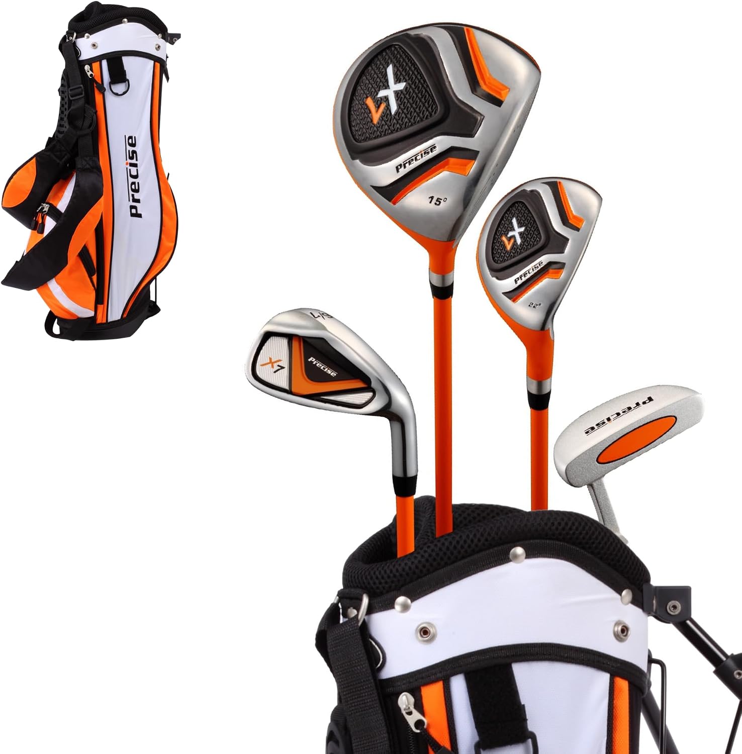 Precise - Kids Golf Club Set | Lightweight graphite shafts, hybrid & irons, putter, stand bag included, for boys and girls, ages 3-12, left/right hand