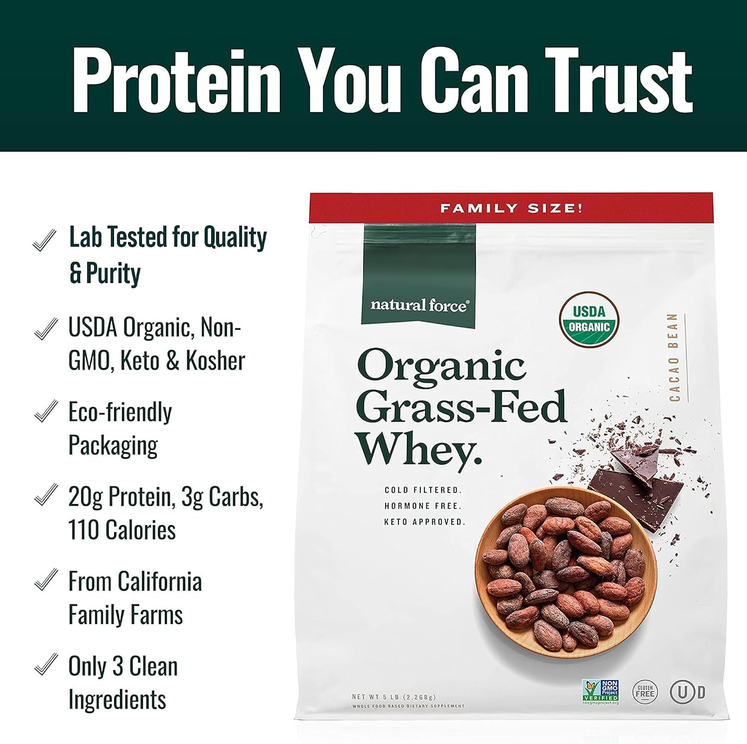 Natural Force Grass Fed Organic Whey Protein Powder – Non GMO Verified, Humane Certified & Lab Tested for Toxins – Real Vanilla Flavor – Keto Friendly, Low Carb, and Kosher - 16 Ounce A2 Protein