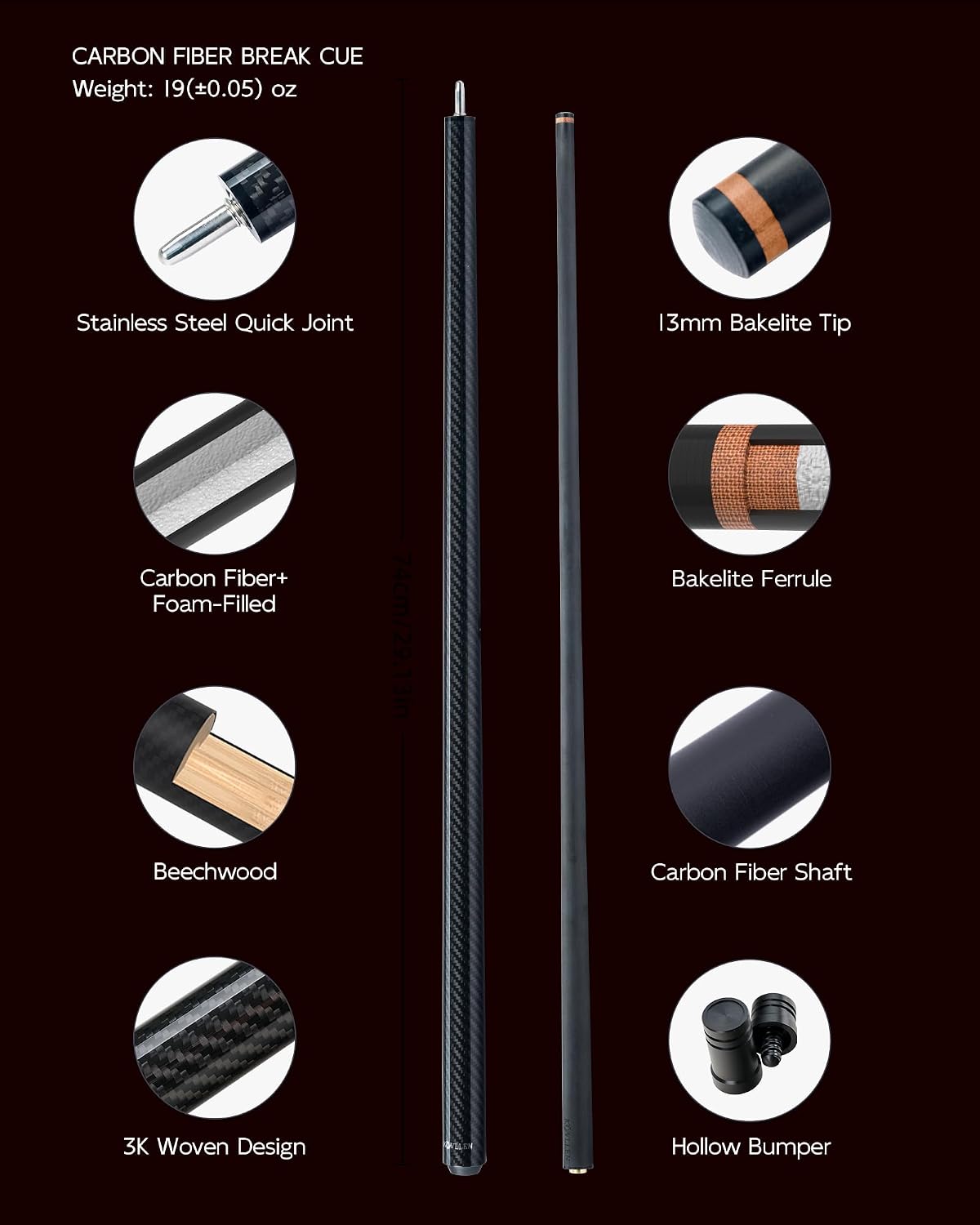 KONLLEN Carbon Fiber Break Cue, 58-Inch Pool Stick, 13mm Tip | Carbon shaft, 2-piece design, firm tip setup, built for dedicated break shots