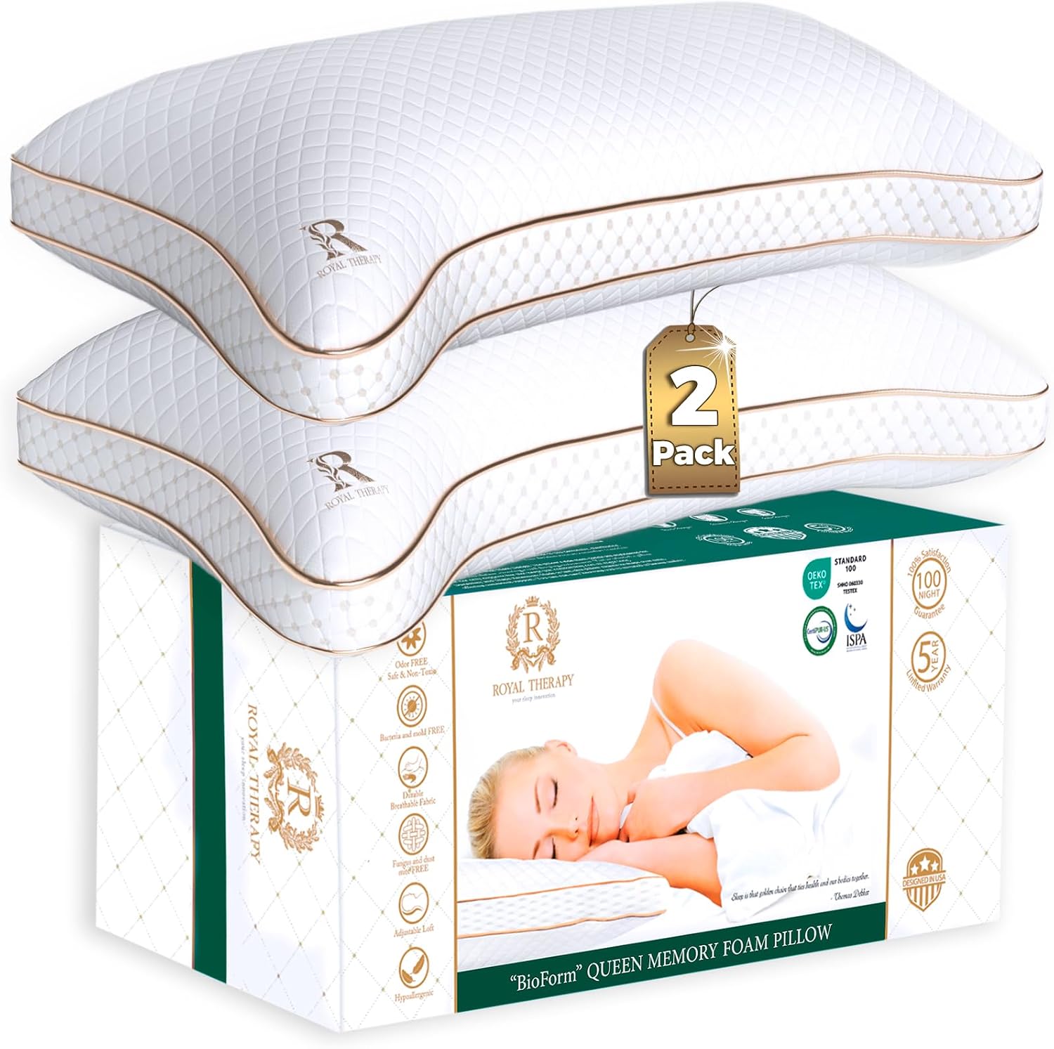 Royal Therapy Queen Size Set of 2-Shredded Memory Foam Pillow–Adjustable Memory Foam Pillow for Sleeping, Firm Pillow for Neck & Shoulder Support