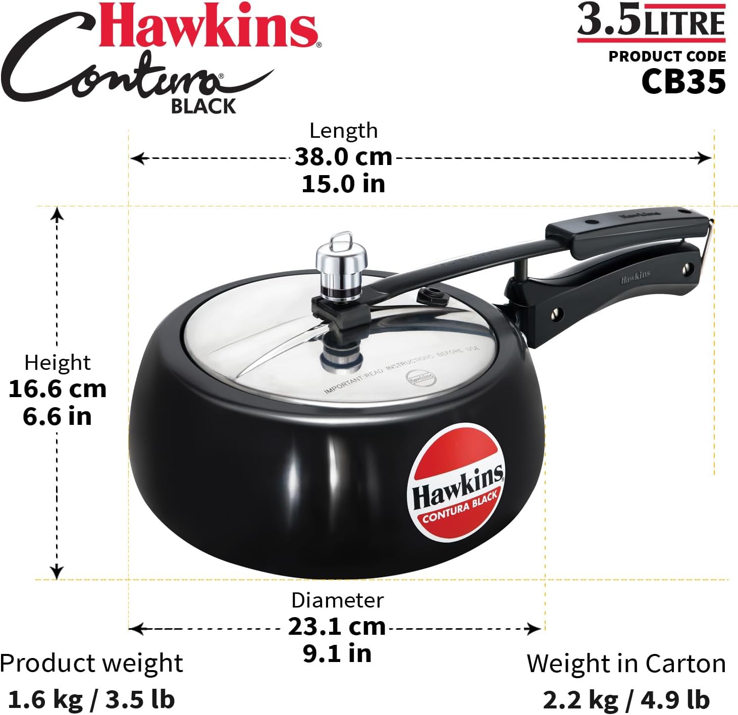 Hawkins 3.5 Litre Contura Black Pressure Cooker, Hard Anodised Inner Lid Cooker, Handi Cooker, Black (CB35)