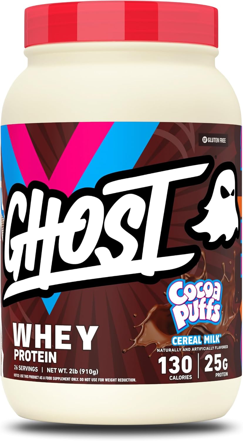 GHOST Whey Protein Powder, Milk Chocolate - 2LB, 25G of Protein | Whey Protein Isolate & Concentrate Blend - Post Workout Nutrition Shake, Smoothies - Soy & Gluten-Free - 2LB Tub, 26 Servings