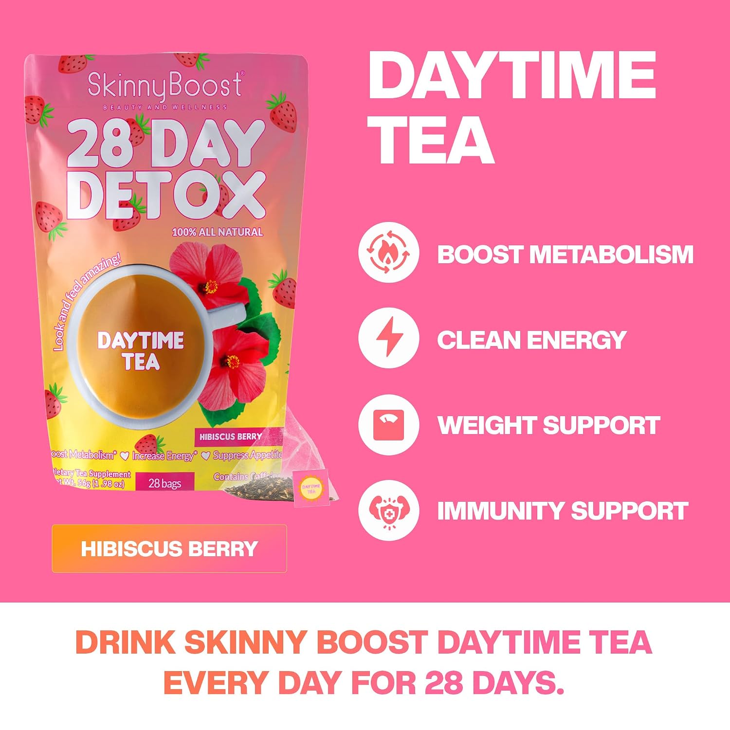 SkinnyBoost 28 Day Detox Daytime Tea - CITRUS MINT (28 Tea Bags) Supports Metabolism Boost, Detox, All Natural, Non GMO, Vegan, Keto Friendly | Natural Energy Boost, Supports Metabolism, Detox, All Natural, Non GMO, Vegan, Keto Friendly, Antioxidants