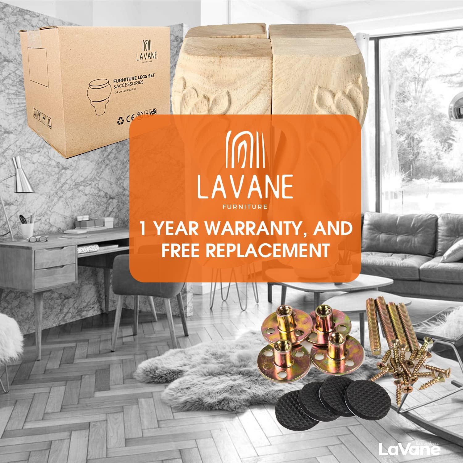 La Vane 6 inch / 15cm Wooden Furniture Legs, Set of 4 European Style Solid Wood Carving Furniture Replacement Feet Decoration for Sofa Cabinet Wardrobe Table Loveseat