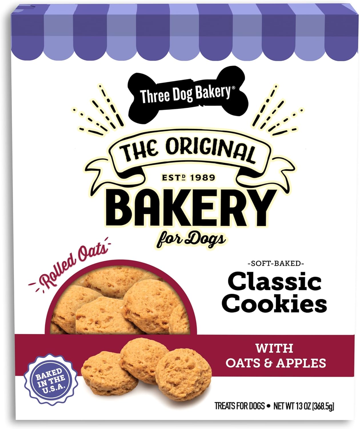 Three Dog Bakery Soft Baked Classic Cookies for Dogs - 13 oz Box | Oats & Apple Flavor - Made with Real Ingredients - Rolled Oats Dog Treats