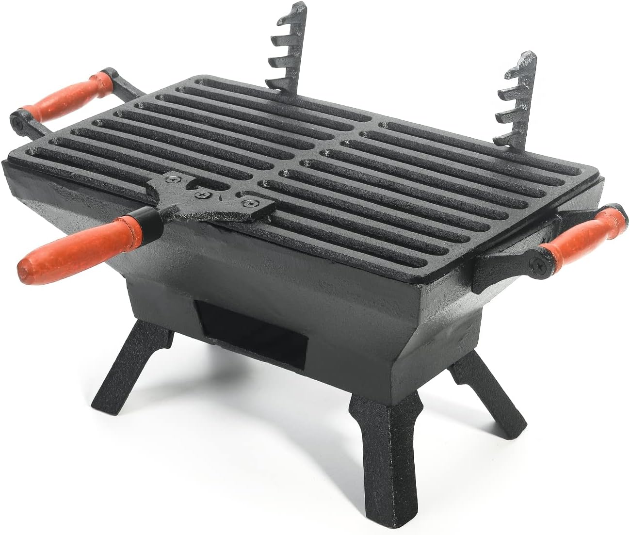 Sungmor Compact Cast Iron Charcoal Grill - Tabletop BBQ Grill with Adjustable Grate & Wooden Handles