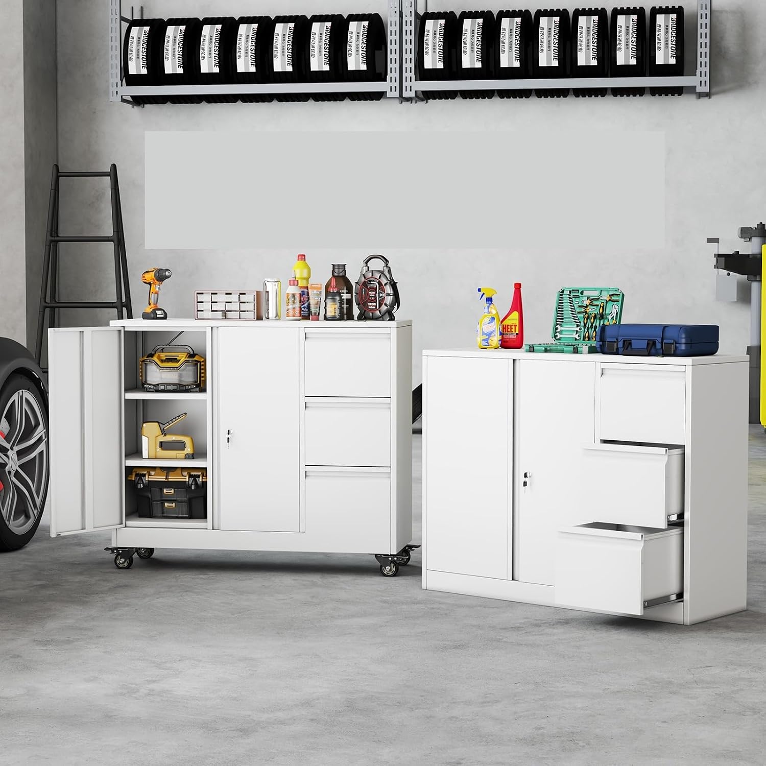 3 Drawer File Cabinet, Office Mobile Filing Cabinet, Printer Stand | All-in-One Office Storage, 3 Storage Drawers, 2 Adjustable Shelves, Lockable Cabinet, 4 Casters, 46.5-Inch Top