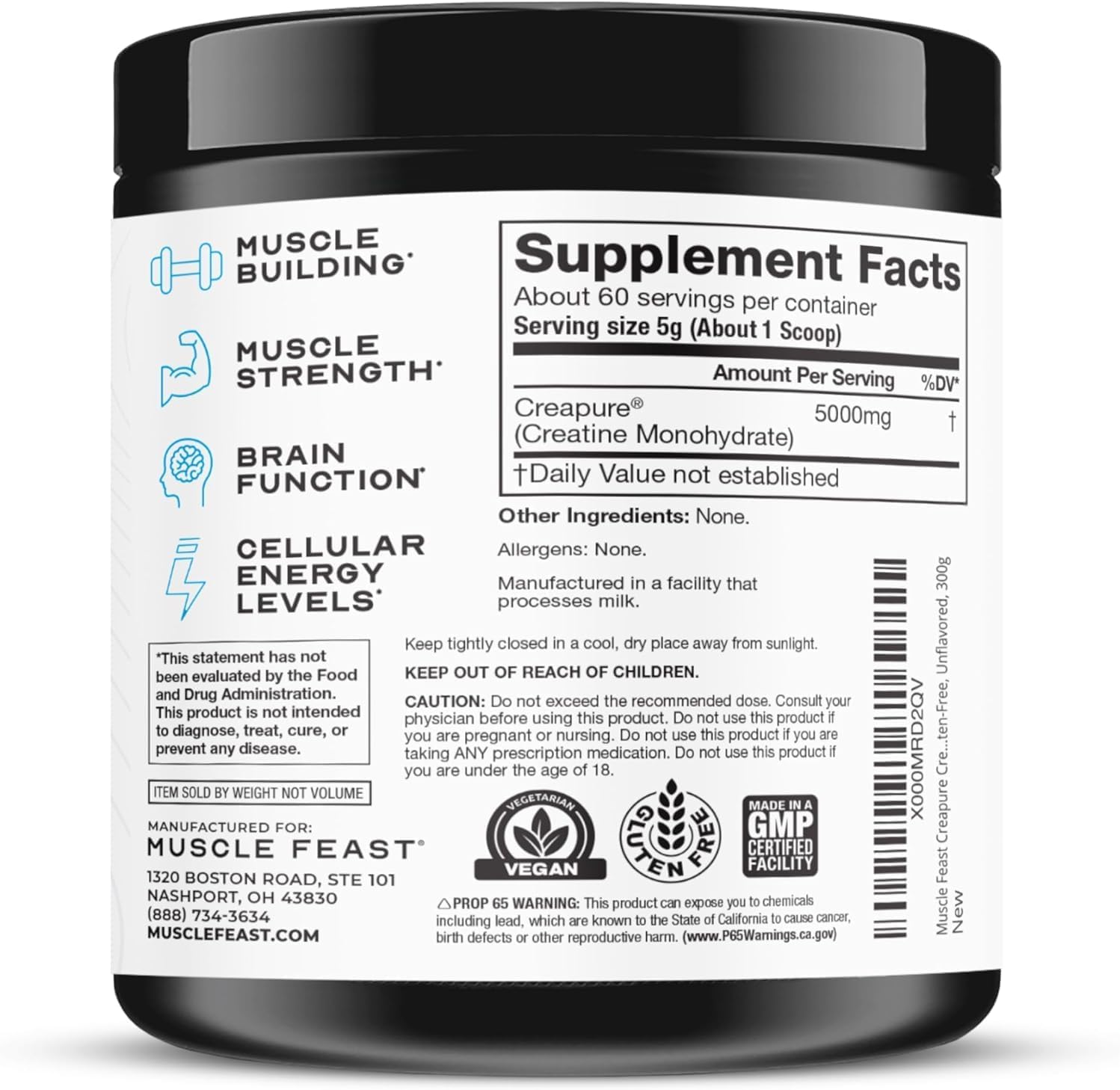 Muscle Feast Creapure Creatine Monohydrate Powder, Unflavored (300g) | Vegan, Non-GMO, Keto Friendly Mass Gainer, Muscle Recovery Supplement & Trusted Creatine for Muscle Growth, Creatine Powder