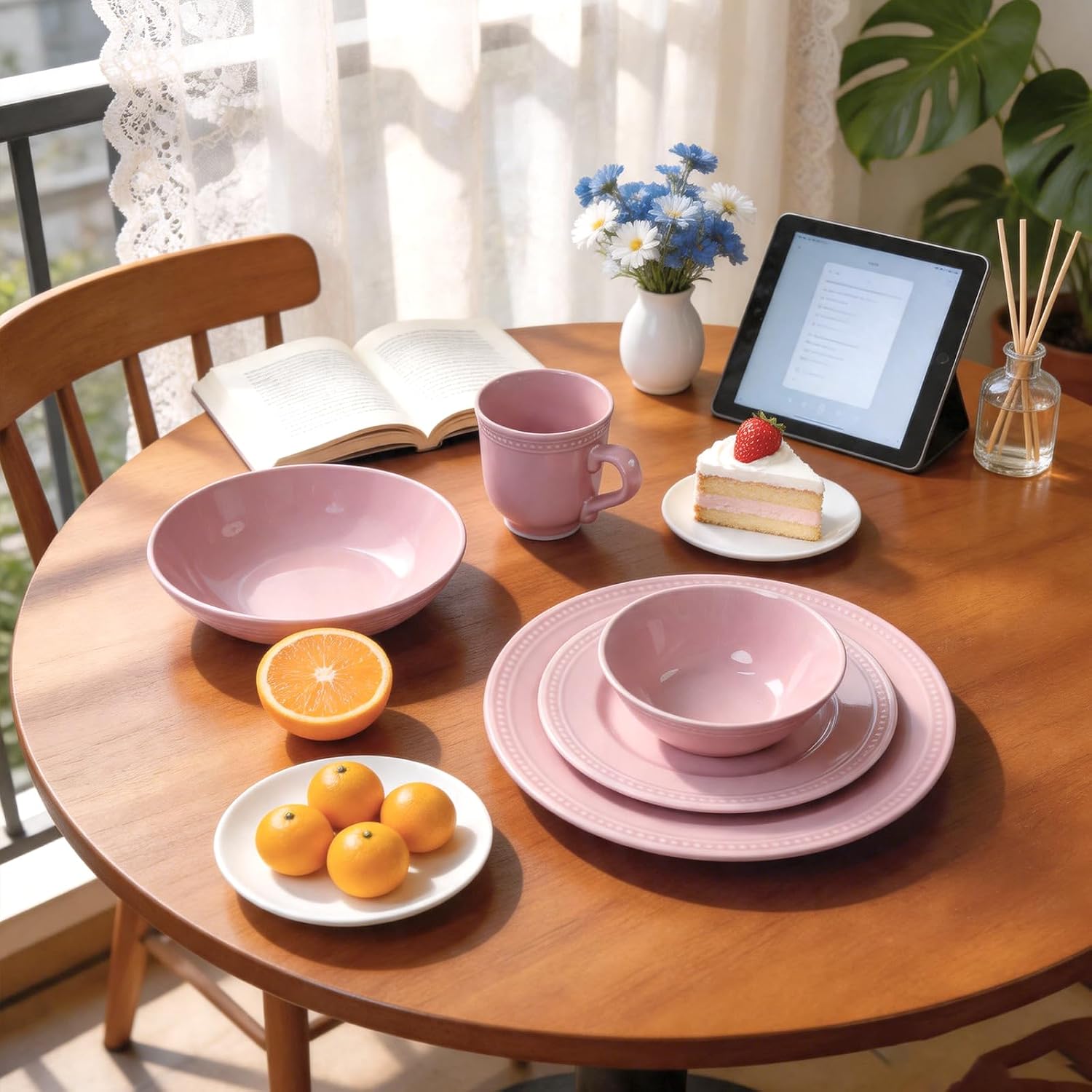 HomeVSS 20-Piece Pearl Dots Stoneware Dinnerware Set, Pink, Service for 4