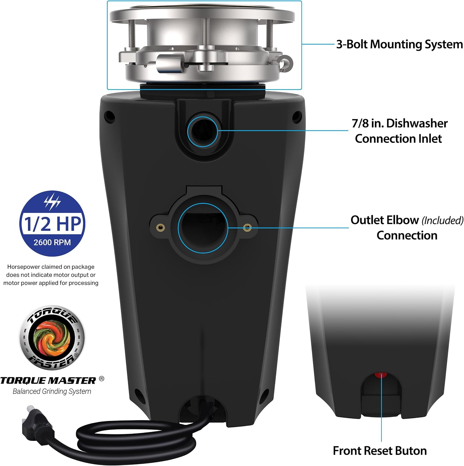 Eco Logic 1/3 HP Garbage Disposal, Universal 3-Bolt Mount, Power Cord