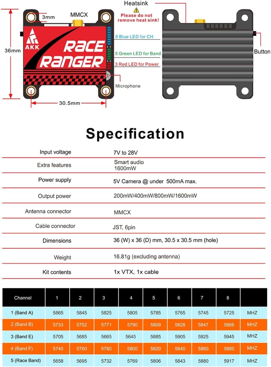 AKK A1918 5.8G Long Range VTX FPV Transmitter 200mW/400mW/800mW/1000mW Switchable VTX Support Smart Audio