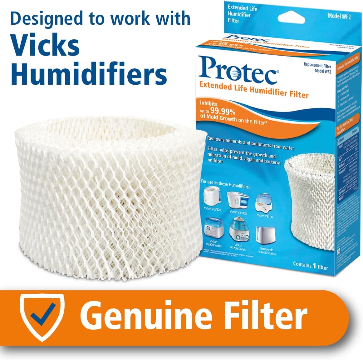 Protec Extended Life Humidifier Replacement Filter, 1 Count | Designed for Use with Select Vicks Cool Mist Humidifiers and Other Honeywell Humidifiers Models