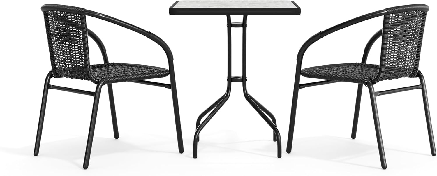 Flash Furniture Lila 23.5'' Square Glass Metal Table with 2 Black Rattan Stack Chairs | Durable Construction, Commercial Use