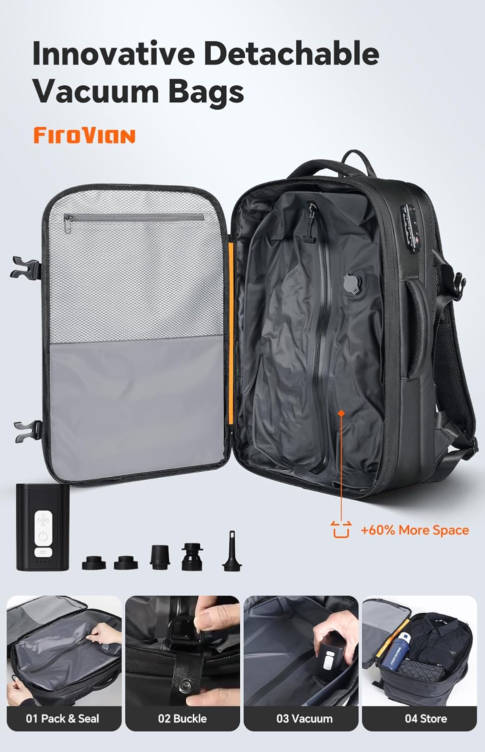 70L Travel Backpack with Vacuum Compression System | 70L Vacuum Backpack, 2 Detachable TPU Bags, TSA Lock, Fits 16" Laptop