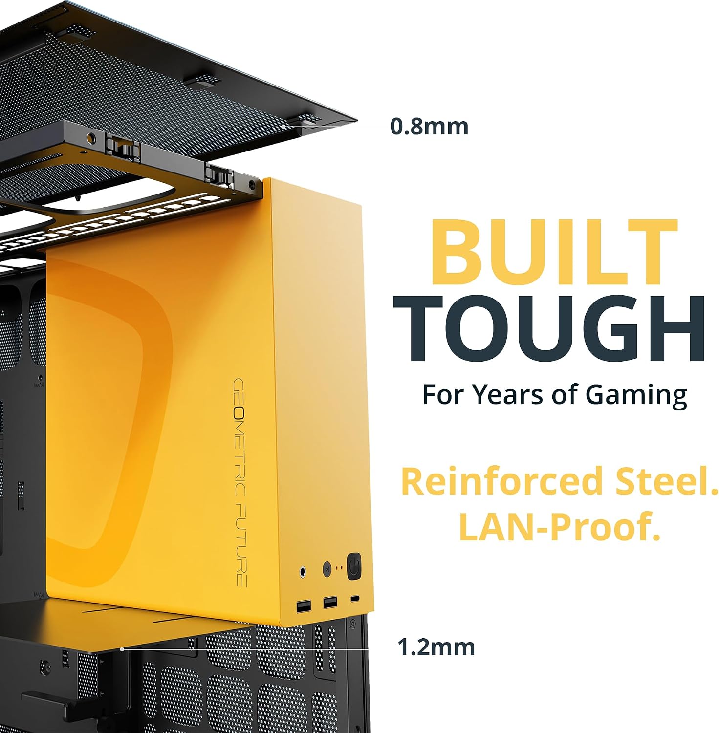 Geometric Future M5 Tempered Glass Mid Tower, E-ATX/ATX Gaming Case, 1.2mm Steel, Type C, Toolless Panels, Support 420/360 Radiator, ARGB PWM 140m Fan x 5 Pre-Installed, Black/Yellow, GEO-M5F-BY