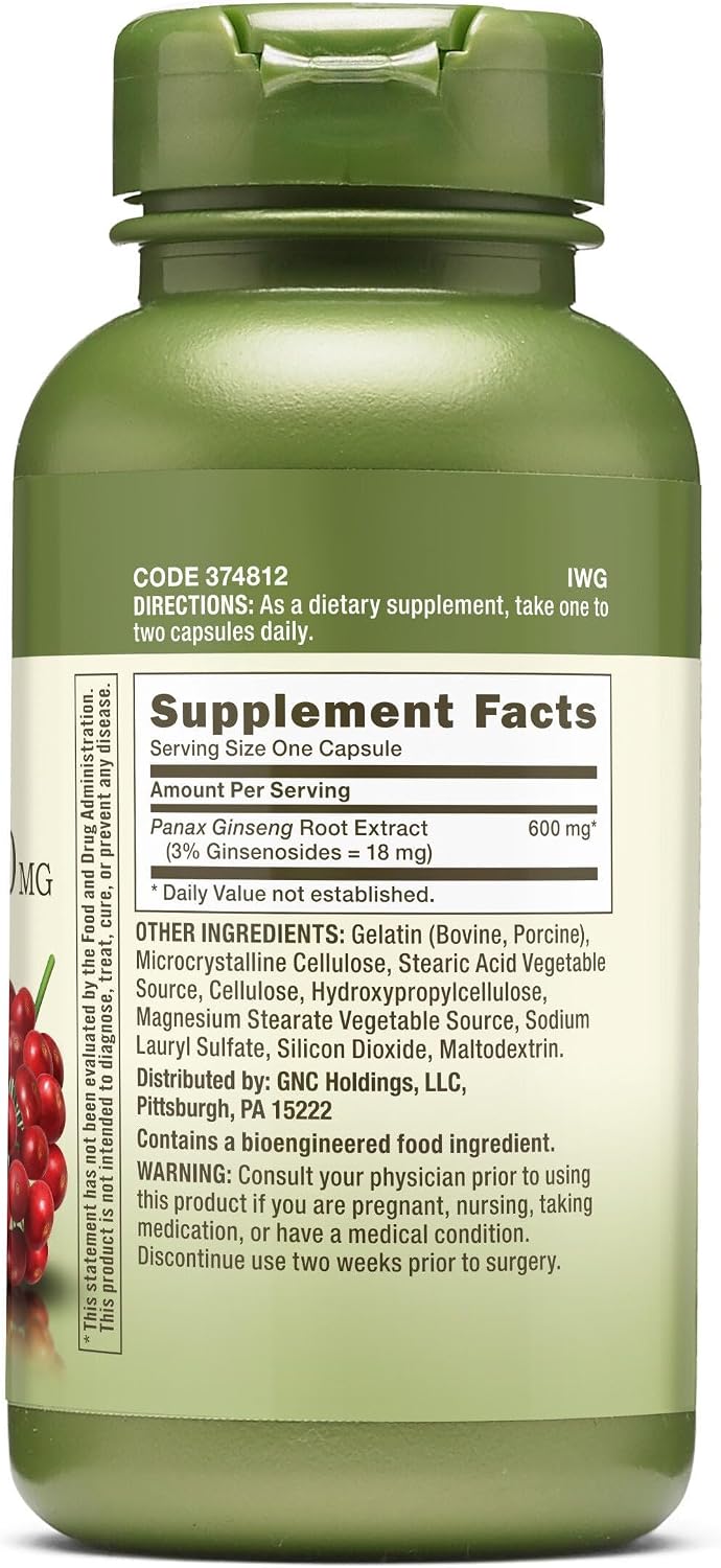 GNC Herbal Plus Panax Ginseng 600mg, Supports Vitality, 100 Capsules