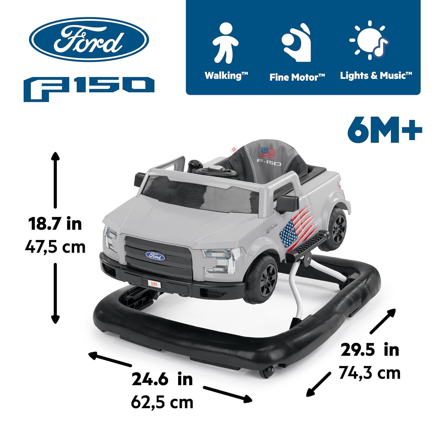 Bright Starts Ford Mustang 4-in-1 Pink Baby Activity Center & Push Walker with Removable Interactive Steering Wheel -Toy, 6 Months and up