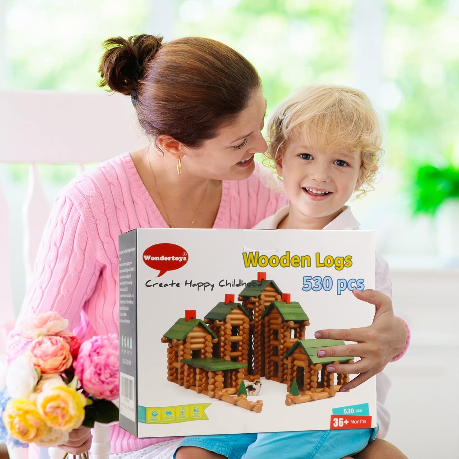 Wondertoys 170 Pieces Wood Logs Set Ages 3+, Classic Building Log Toys for Boy, Creative Construction Engineering Educational Gifts