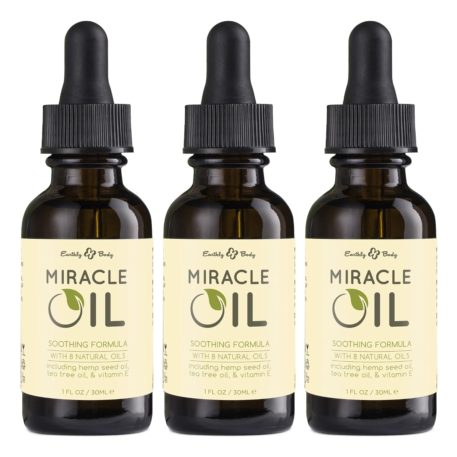 Earthly Body Miracle Oil, 1 fl. oz. - 3 Pack - 100% Natural Tea Tree Oil, Hemp Seed Oil & Vitamin E - Moisturizer, Calms Skin Irritations, Helps Smooth Wrinkles - Gluten Free, 100% Vegan