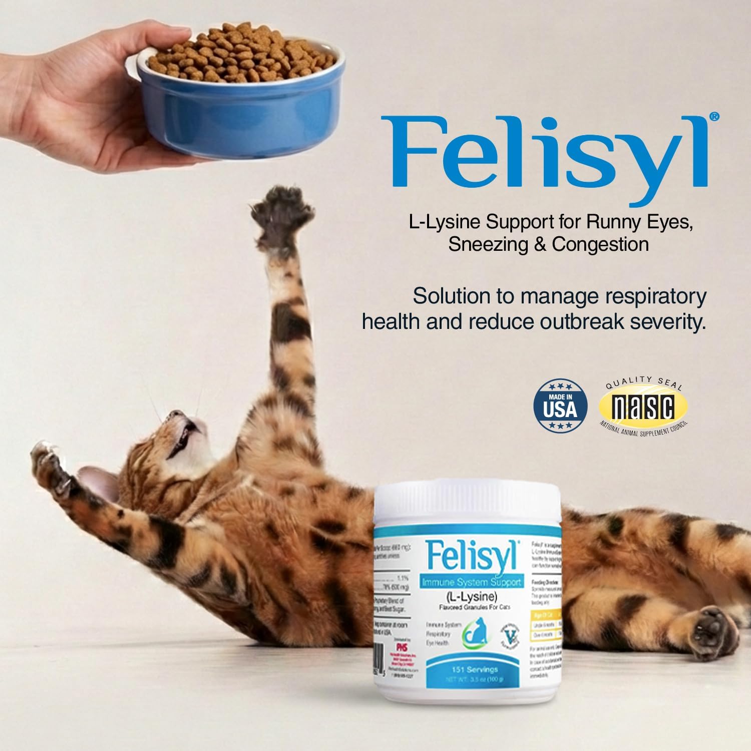 Felisyl L-Lysine Granules for Cats 100g (3.5 oz, 310 Servings) – Supports Immune, Respiratory, and Eye Health. Eases Sneezing, Runny Nose