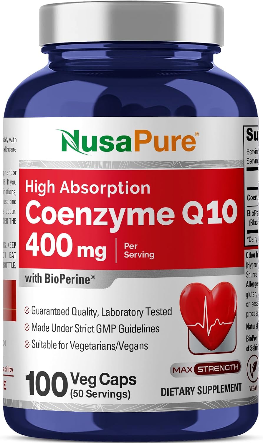 NusaPure CoQ10 400mg, Non-GMO, Vegan, 100 Veggie Capsules - 50 Servings