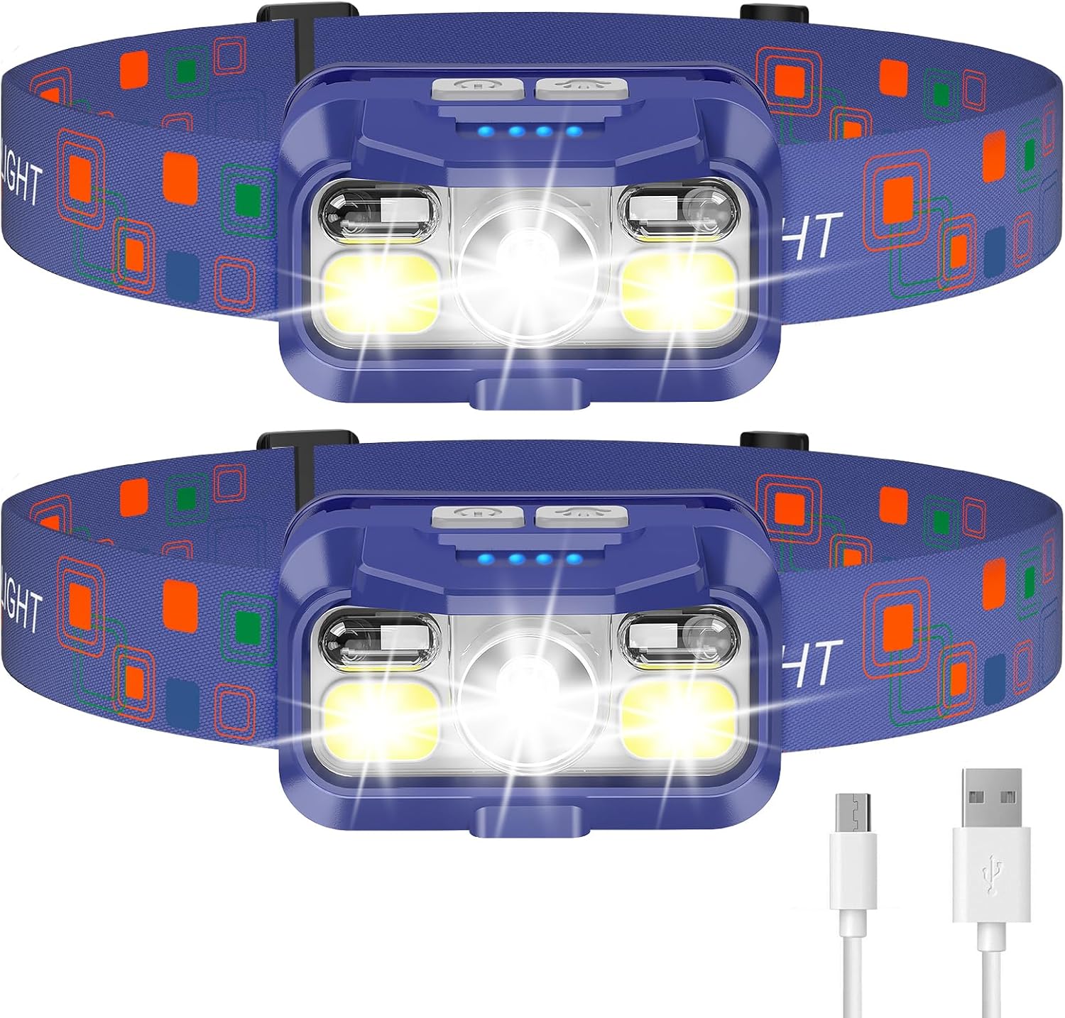 LHKNL Headlamp Rechargeable, Lumen Super Bright Motion Sensor Head Lamp Flashlight, 2-Pack Waterproof LED Headlight with White Red Light