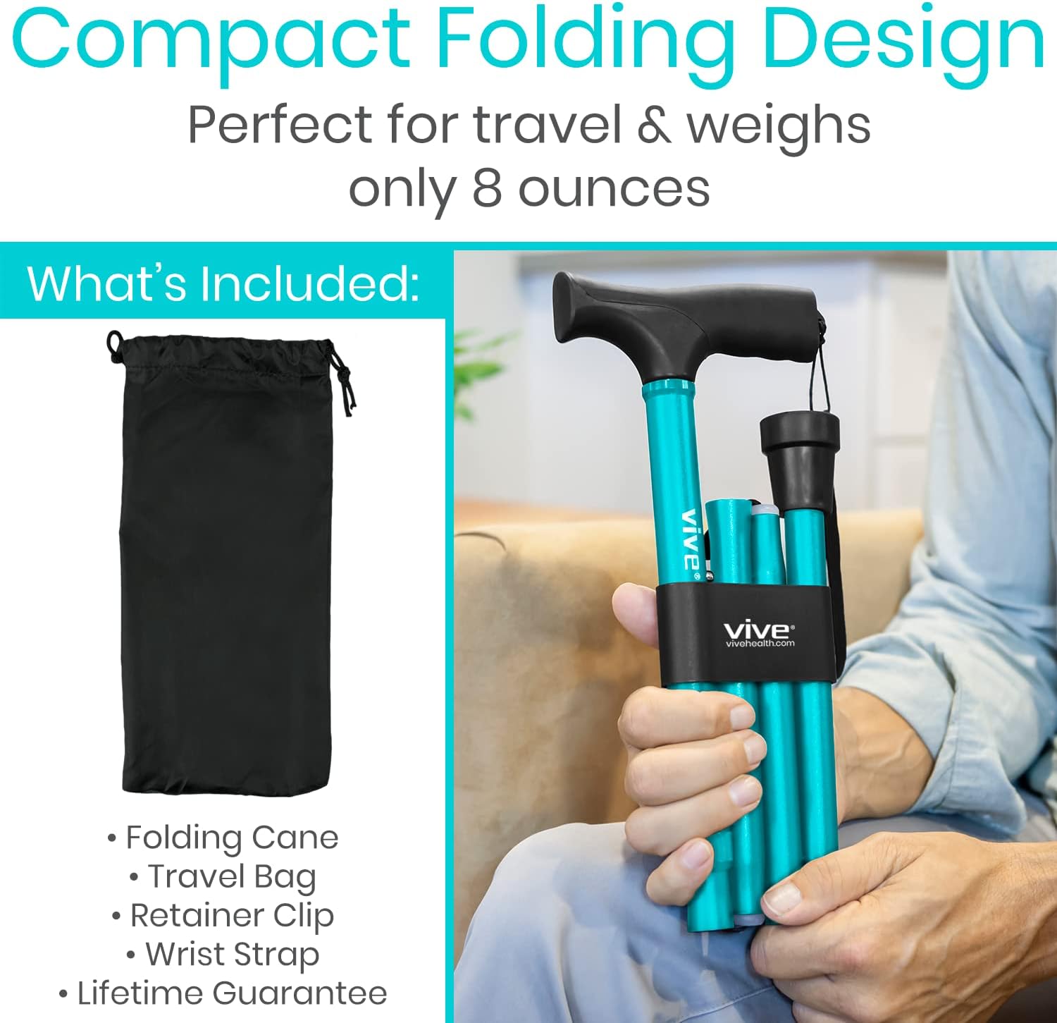 Vive Folding Cane - Foldable Walking Cane for Men, Women - Fold-up, Collapsible, Lightweight, Adjustable, Portable Hand Walking Stick - Balancing Mobility Aid - Sleek, Comfortable | Lightweight, Adjustable, Portable Hand Stick Balancing Mobility Aid Slee…
