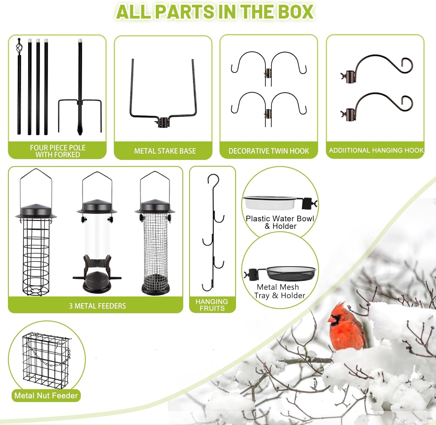 Deluxe Bird Feeding Station Kit with Multi Feeder Hanging Pole, Metal Suet Feeder, Bird Bath