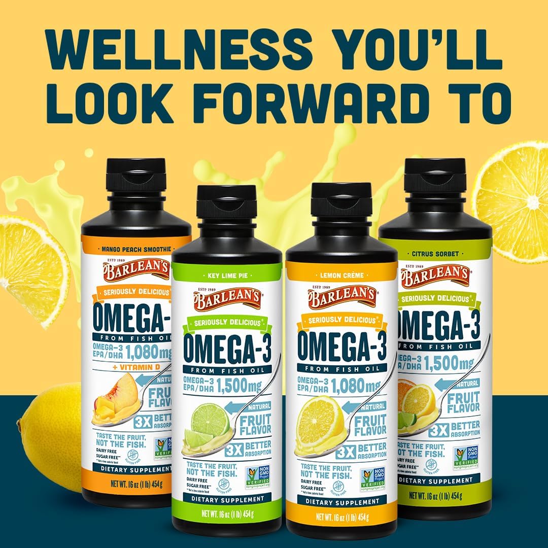 Barlean's Mango Peach Omega-3 Fish Oil, Vitamin D, 1080mg EPA & DHA, 8oz | Wild-caught fish oil plus vitamin D, EPA DHA omega-3, Burpless, Non-GMO, Gluten-free, Heart, brain, bone & immune