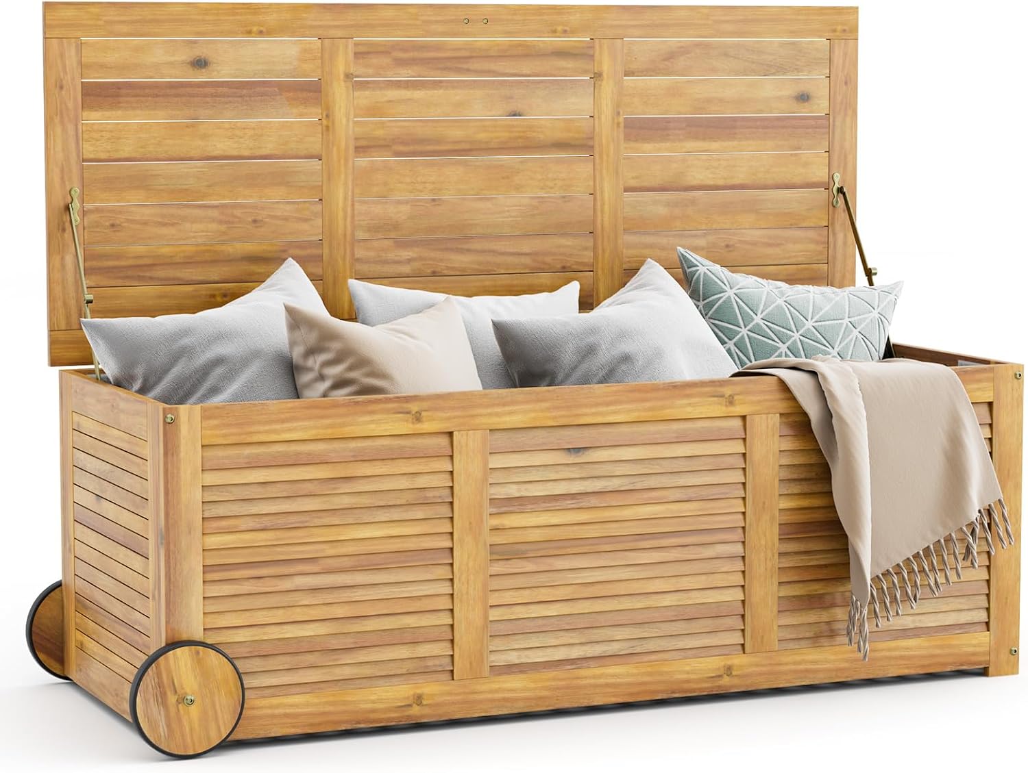 Tangkula 46 Gallon Acacia Wood Deck Box, Garden Backyard Storage Bench, Outdoor Storage Container for Patio Furniture Cushions and Gardening Tools