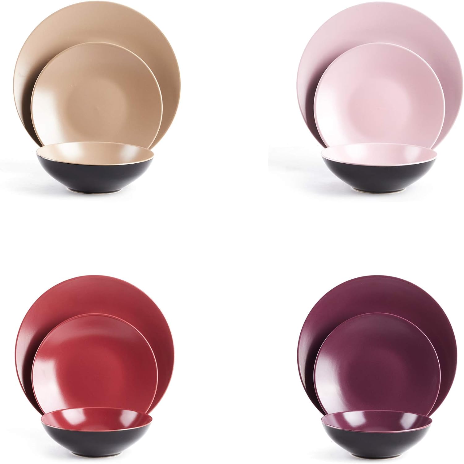 Stoneware Two-Tone Colors Life 16pc Dinner Set，Outside Shiny Black + Inside Matte Glaze Olive
