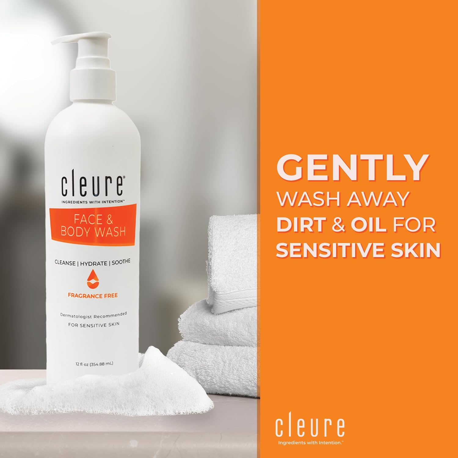 Cleure Fragrance Free Body Wash for Sensitive Skin & Eczema (12 oz) | Hypoallergenic, Sulfate Free, Paraben Free, pH balanced Body Soap for Eczema Prone Skin or other Sensitive Skin Conditions