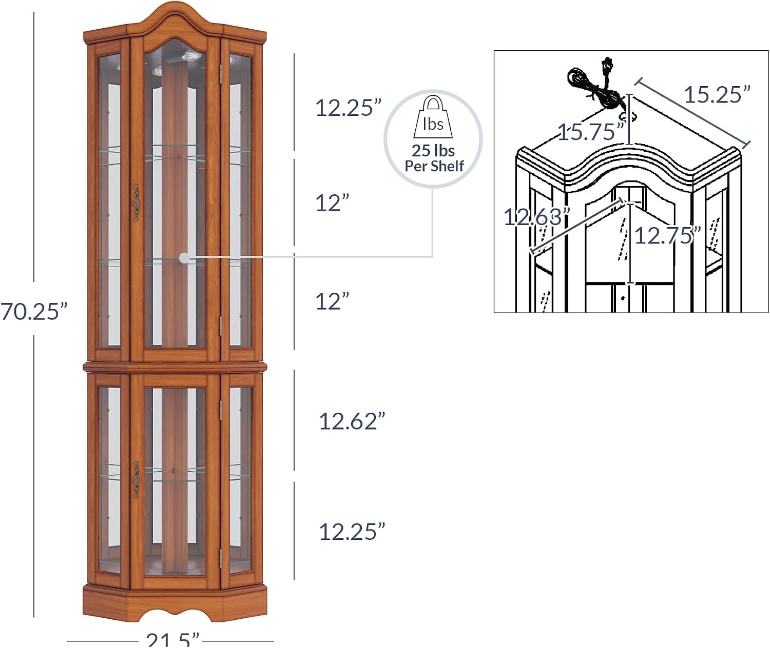 BELLEZE Lighted Corner Display Curved Top Curio Cabinet Wooden Shelving Unit with Tempered Glass Door