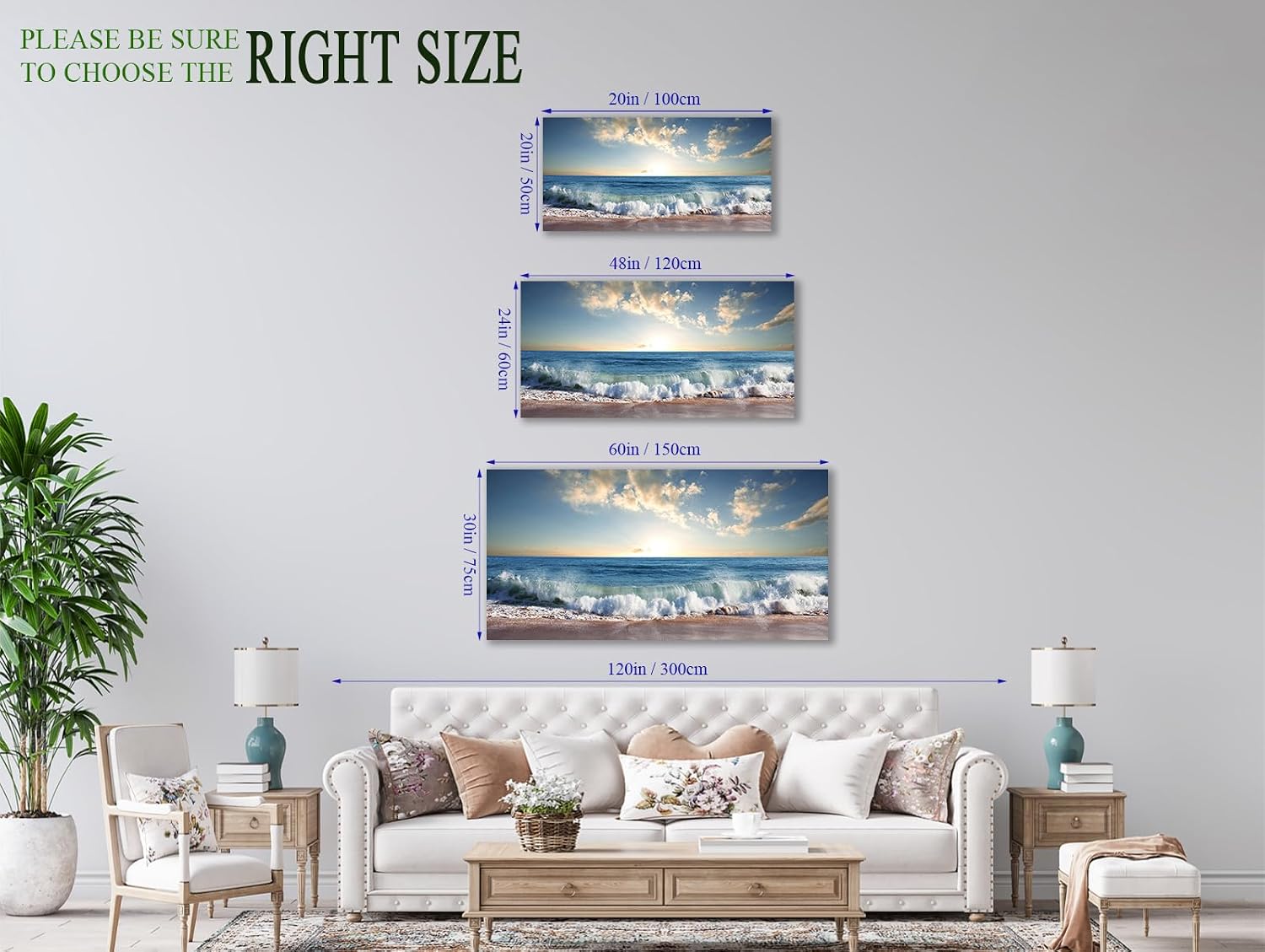 arteWOODS Ocean Wave Canvas Wall Art Beach Sunset Pictures Coastal Nature Artwork Blue Sea Painting Prints for Living Room Bedroom Home Office Decoration 20" x 40"