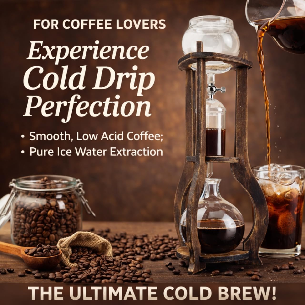 Nispira Iced Coffee Cold Brew Drip Tower Coffee Maker, 6–8 Cup Manual Cold Brew Brewer with Adjustable Valve, Wooden Frame & Glassware, Slow Cold Extraction System