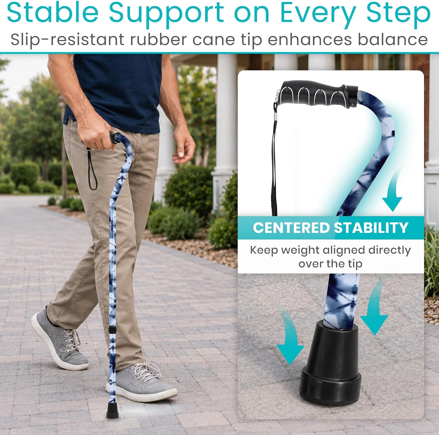 Vive Walking Cane for Women, Men, Elderly - Patented Offset Grip - Lightweight Adjustable Walking Aid with a Non-Slip Tip - Sturdy Balancing Mobility Aid for Seniors