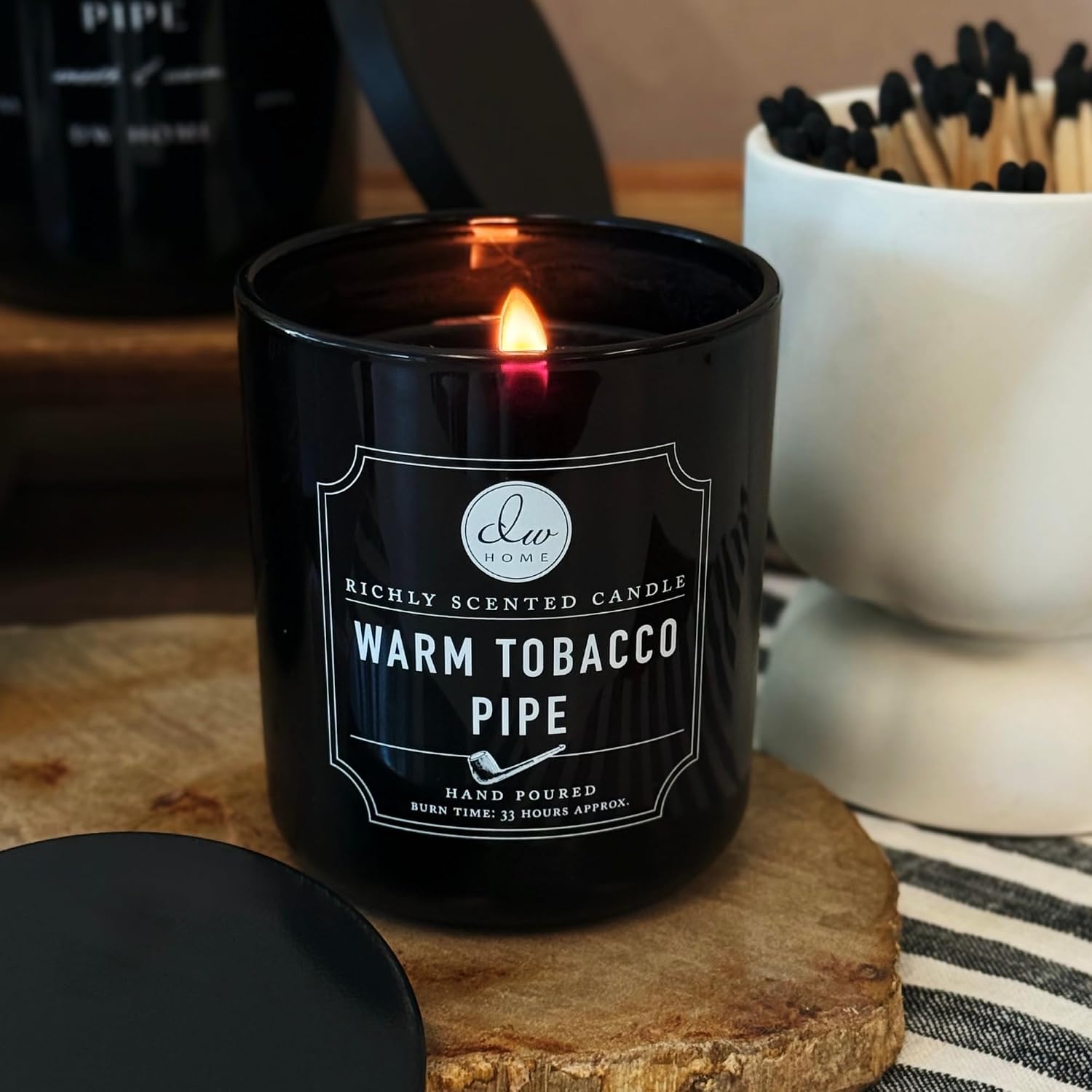 DW Home Warm Tobacco Pipe Scented Candles, 15 oz Large Double Wick Jar, Up to 56 Hour Burn Time, Strong Long Lasting Woodsy Fragrance, Gifts for Men & Women